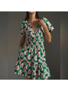 Anthropologie Plumeria Somerset Mini Dress MP Medium Petite Green Pink Floral